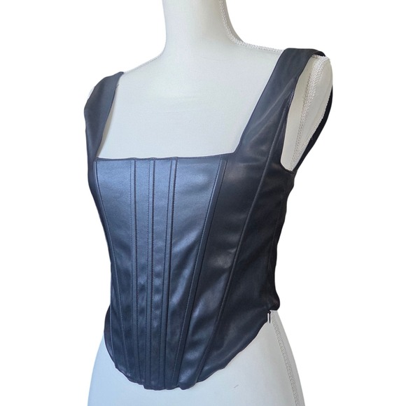 7 For All Mankind Tops - 7 For All Mankind Black Vegan Leather Corset Top Square Neck Smocked Back Small